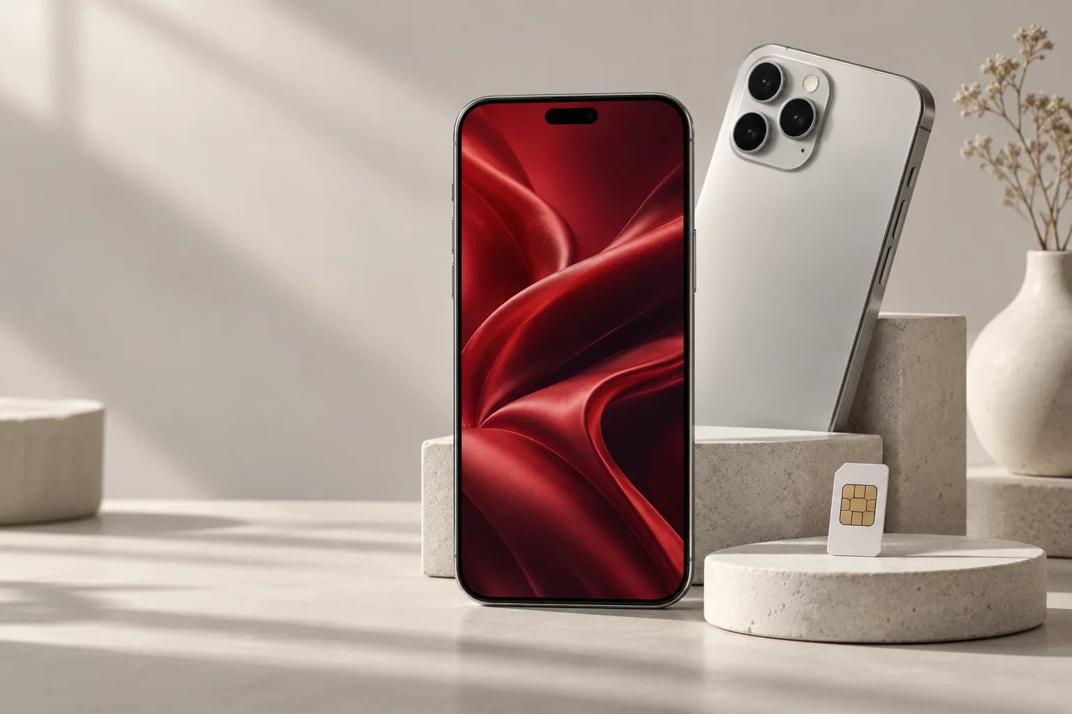Dos celulares modernos y una tarjeta SIM sobre una superficie de estudio